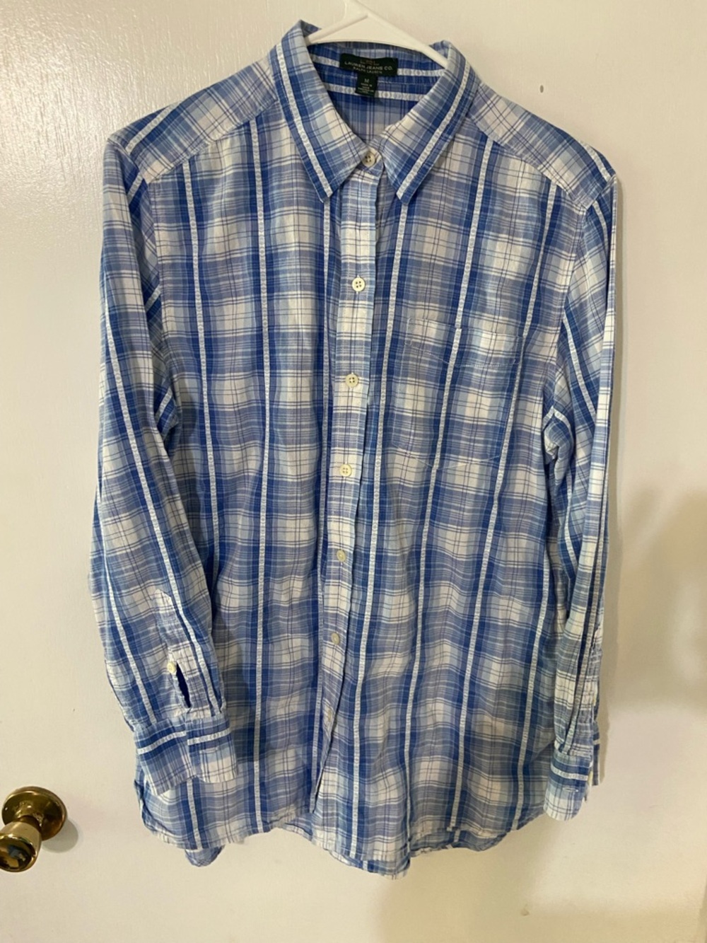 Lauren Ralph Lauren Blue and White Plaid Long-Sleeve Button-Down Shirt